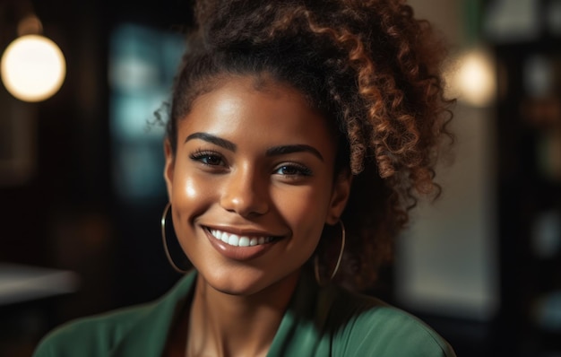 Retrato de dama alegre y satisfecha sobre tela verde sonrisa radiante mirada cámara aislada en colo