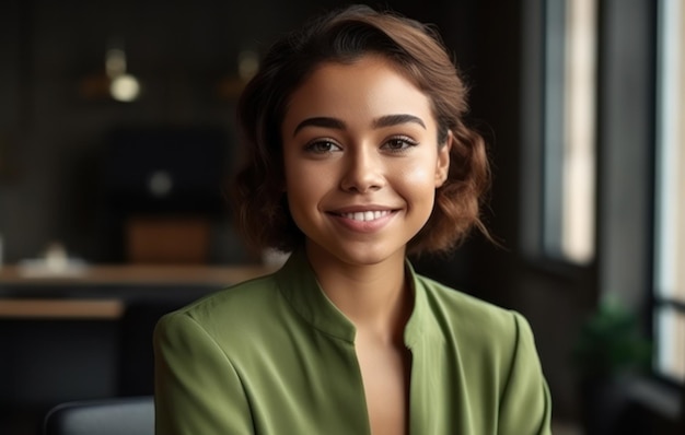 Retrato de dama alegre y satisfecha sobre tela verde sonrisa radiante mirada cámara aislada en colo