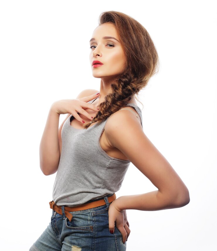 Foto retrato, de, un, dama joven, con, un, trenza
