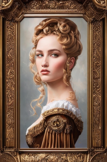 Foto un retrato de una dama con un marco dorado.