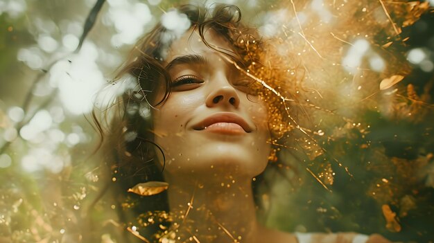 Foto retrato de una dama en la naturaleza con doble exposición ia generativa