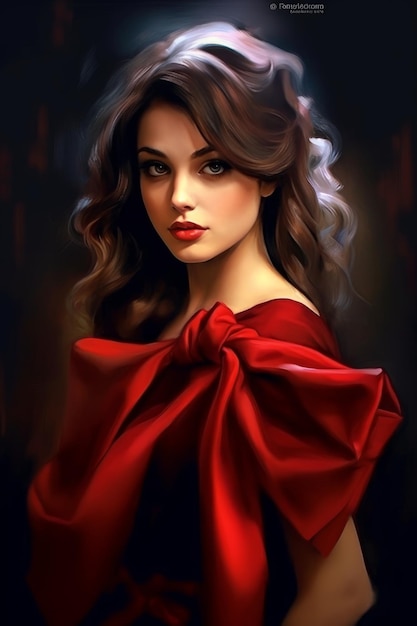 Un retrato de una dama con un vestido rojo.