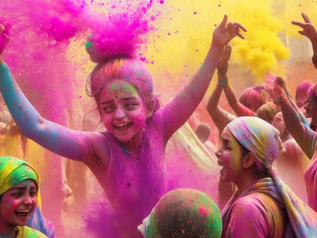 retrato das irmãs pintado com as cores de Holi