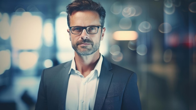 Foto retrato de administrador de empresa comercial em um fundo desfocado