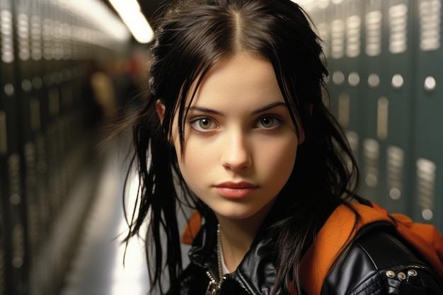 Retrato de adolescente com cabelo preto por armários no corredor da escola
