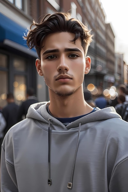 Foto retrato de adolescente na rua ao ar livre vestindo camisola