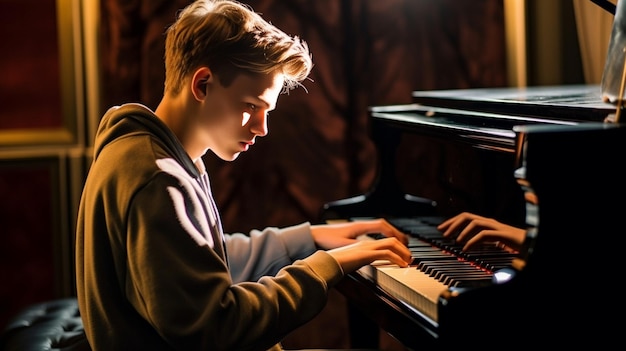 Foto retrato de adolescentes do sexo masculino com mãos brancas tocando piano shorts vermelhos generative ai