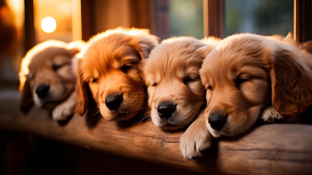 Foto retrato de adoráveis cães golden retriever deitados no chão