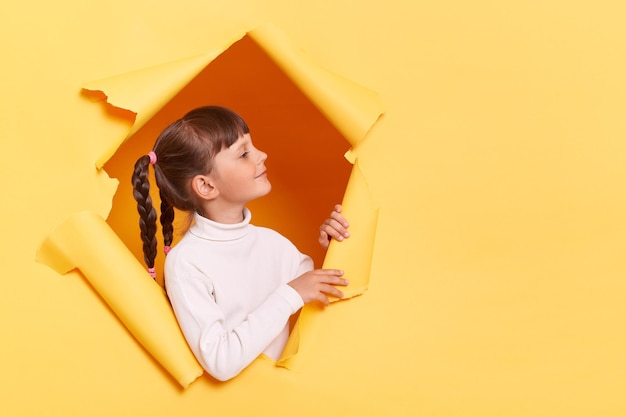 Retrato de adorável menina sorridente com tranças vestindo camisa casual, olhando através de um buraco rasgado em papel amarelo, olhando para o espaço da cópia para promoção ou propaganda