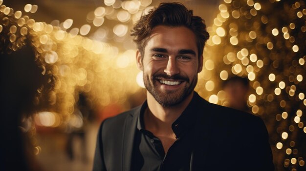 Foto retrato de adulto sorridente, homem confiante em terno preto celebrando festa de natal com fundo dourado