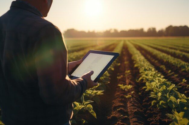 Foto retrato de agrônomo em close-up examinando a saúde das culturas usando um tablet em um campo iluminado pelo sol