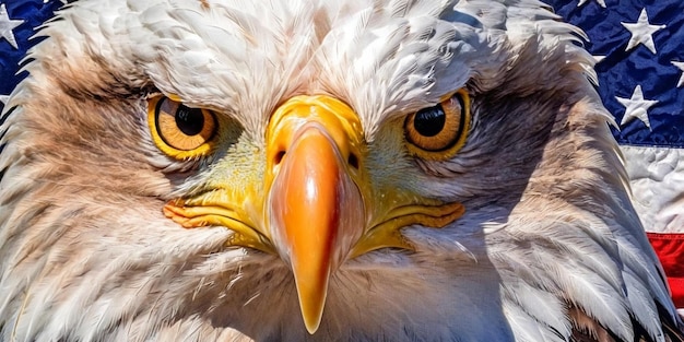 Retrato de águia careca em close na bandeira dos Estados Unidos da América