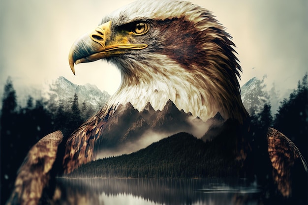 Retrato de águia de ave de rapina com fundo de natureza de dupla exposição