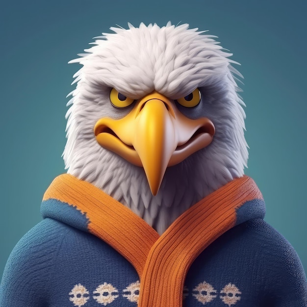 Retrato de águia de desenho animado 3D vestindo roupas em pé na frente luzes de estúdio generativas ai