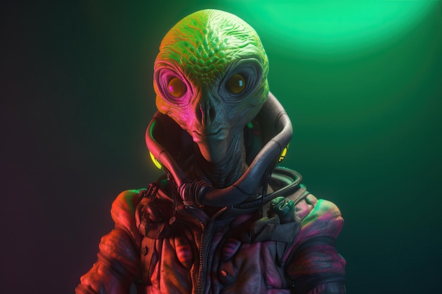 Retrato de alienígena fantasiado em fundo colorido gerado por IA