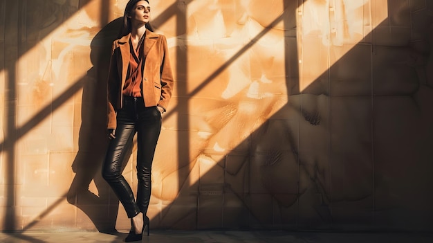 Foto retrato de alta moda de jovem mulher elegante jaqueta de camurça calças pretas magras preto h generativo ai