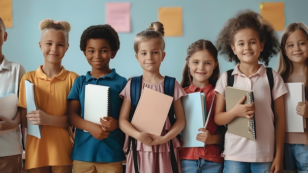 Foto retrato de alunos divertidos e sorridentes posando na sala de aula