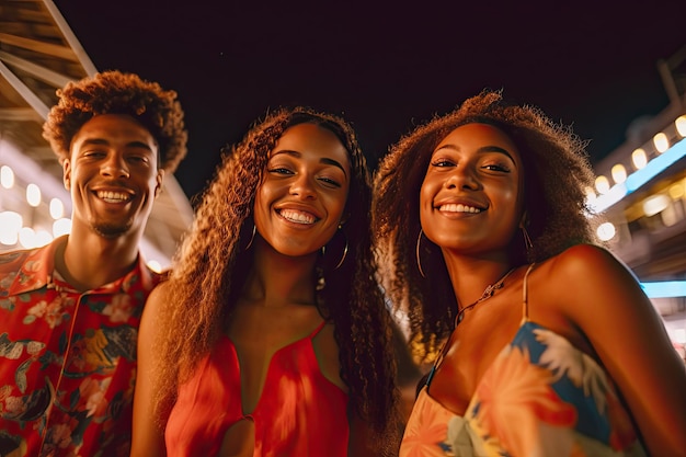 Retrato de amigos afro-americanos desfrutando de uma festa ao ar livre ou de um evento. Caras de raça mista se sentem felizes.
