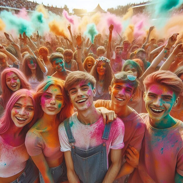 Retrato de amigos felizes no festival de cores de Holi Celebração de Holi
