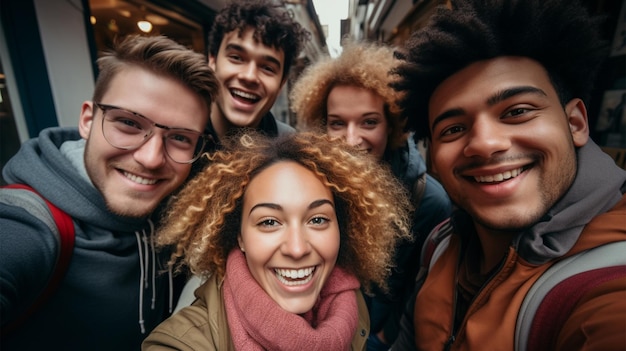 Foto retrato de amigos sorridentes tirando uma selfie em um smartphone na vista de ângulo baixo da cidade