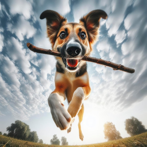 Foto retrato de ângulo largo o cão pegou um bastão enquanto saltava brincando em um fundo branco ai generativo
