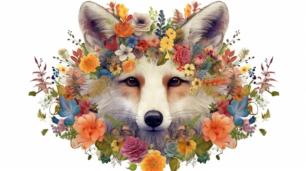 Retrato de animal selvagem boêmio Ilustração de animal bonito Retrato realista de animal selvagem Boho feito de flores e folhas Flora e fauna GERAR AI