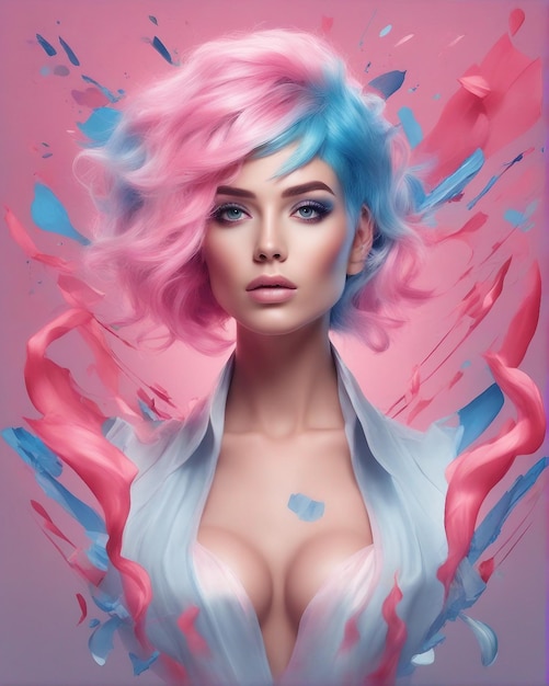 Retrato de Aquarela Dreamscape Model com cabelo rosa e azul celeste