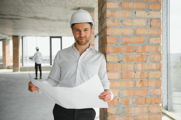 Retrato de arquiteto de homem no canteiro de obras. Gerente de construção confiante usando capacete. Engenheiro civil maduro bem sucedido no canteiro de obras com espaço de cópia.