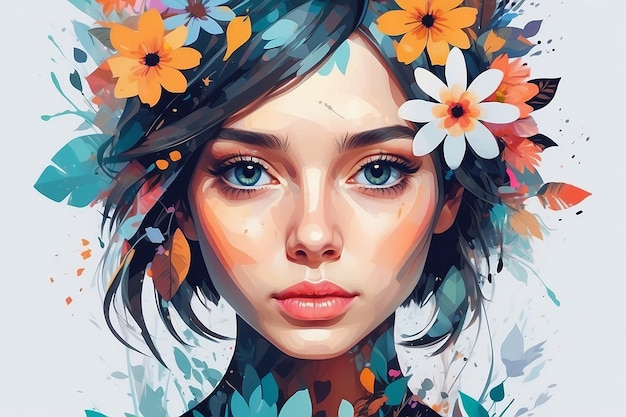 Retrato de arte abstrato de uma jovem mulher com flores rosto de menina em estilo de colagem IA generativa