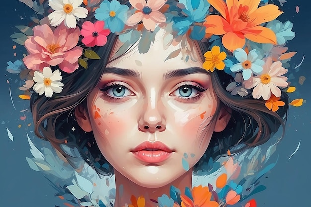 Retrato de arte abstrato de uma jovem mulher com flores rosto de menina em estilo de colagem IA generativa