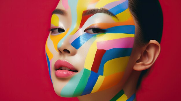 Retrato de arte corporal abstrata maquiagem geométrica colorida