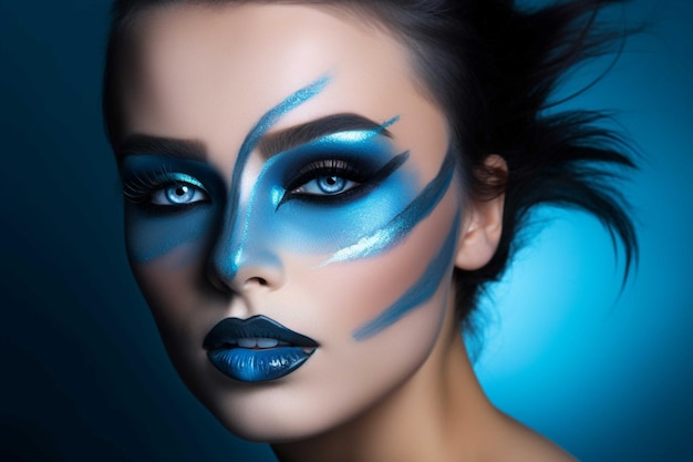 Retrato de arte de moda de uma bela mulher com maquiagem azul