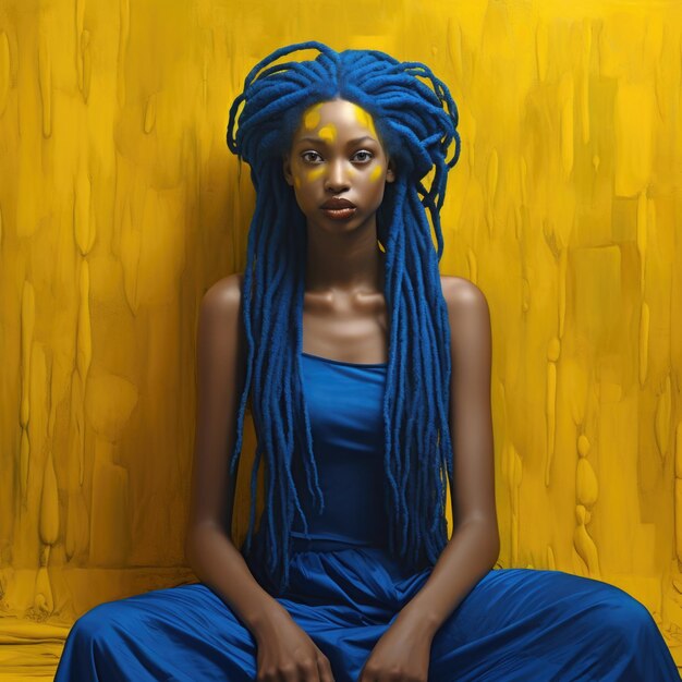Retrato de arte de uma bela garota de pele escura com cabelos dreadlocks azuis em um fundo amarelo
