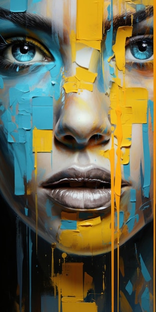 Retrato de arte urbana vibrante de uma mulher com rosto amarelo e tons azuis gerados por IA