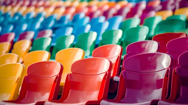 Foto retrato de assentos vazios na tribuna assentos coloridos da tribuna no estádio esportivo cadeiras para o público