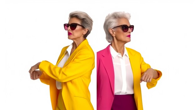 Foto retrato de atraente funky alegre mulher de cabelos grisalhos tocando óculos isolados sobre pasta rosa