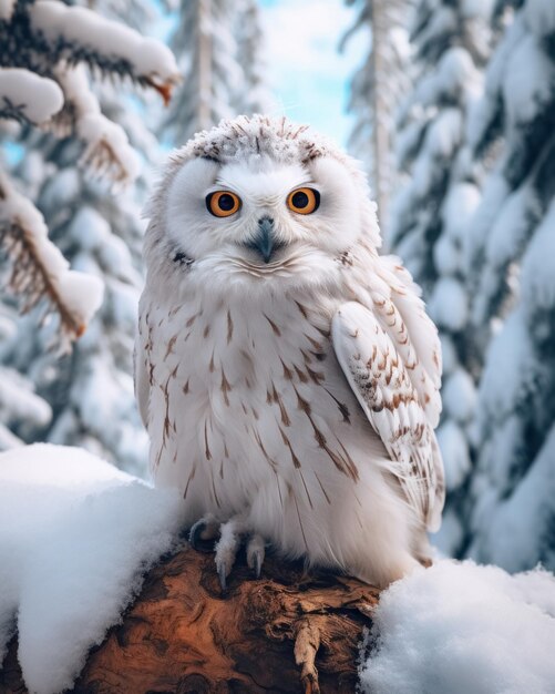 Foto retrato de ave de rapina coruja de neve branca sentada com o corpo inteiro em um galho de árvore na neve da floresta