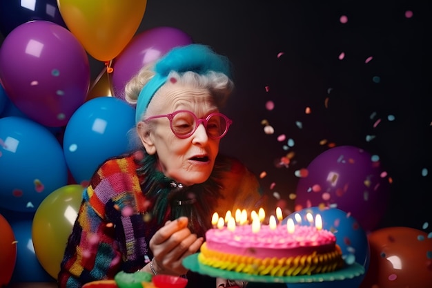 Retrato de avó com bolo de aniversário muitos balões coloridos no fundo