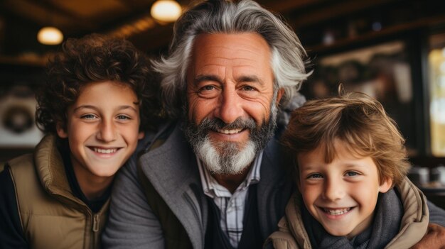 Retrato de avô sorridente com netos olhando para a câmera