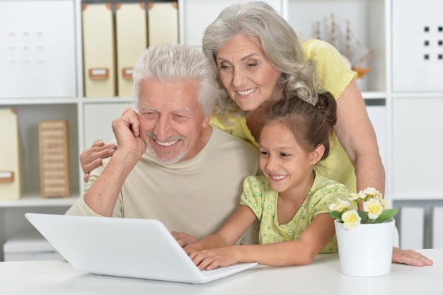 Retrato de avós com sua neta usando laptop em casa