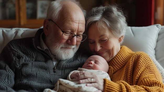 Retrato de avós felizes com neto recém-nascido e espaço IA generativa