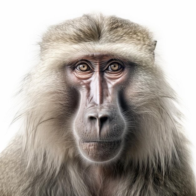 Retrato de babuíno em close-up em fundo branco Estilo Adrian Donoghue