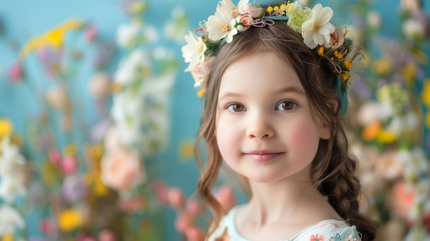 Foto retrato de banner de uma menina em uma coroa de flores em um fundo de belas flores de primavera