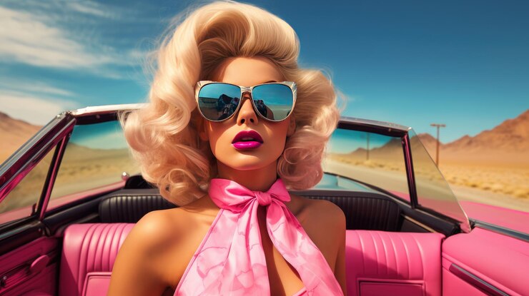 Foto retrato de barbie em seu descapotavel dirigindo pela rota 66