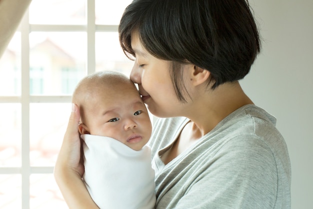 Retrato de bebê e mãe em casa de estúdio.