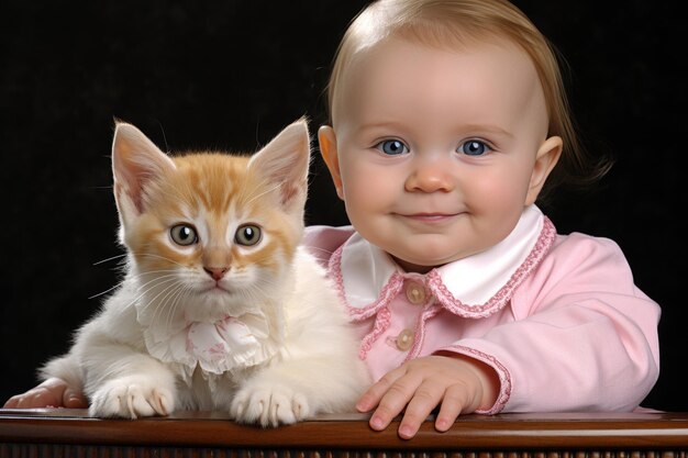 Foto retrato de bebê em rosa e um gato vermelho em fundo preto