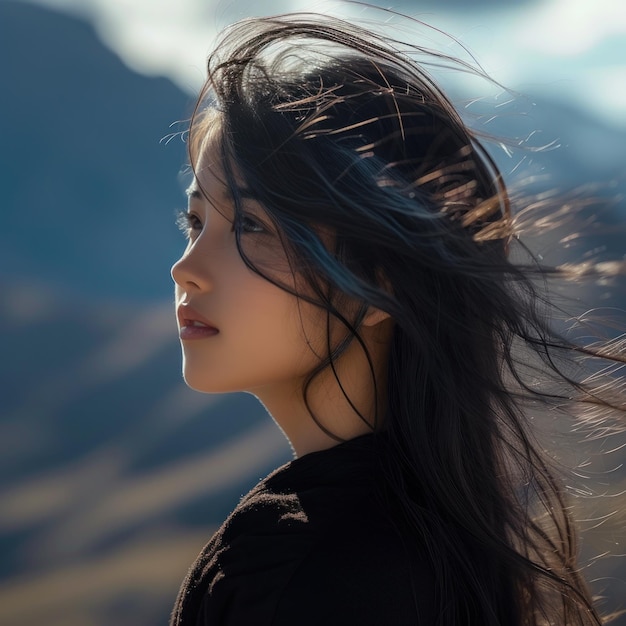 retrato de bela jovem asiática com cabelos escuros flutua no vento contra o fundo das montanhas