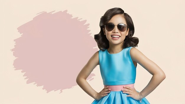 Foto retrato de bela jovem asiática feliz mulher em azul vestido de moda bonito usar óculos de sol sorrindo e