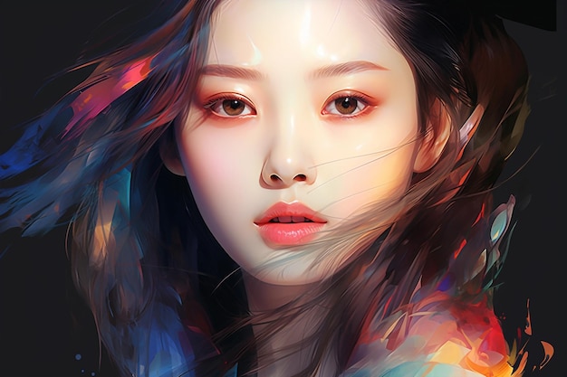 Retrato de bela jovem coreana com efeito holográfico digital