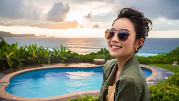 Foto retrato de bela jovem mulher asiática relaxando sorrindo lazer em torno de piscina ao ar livre com mar ocea